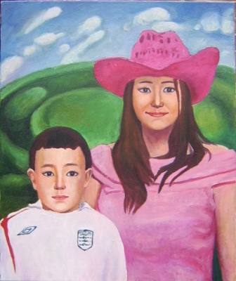 This portrait of a mother and son was inspired by an original photograph of Ping with her son, Huang Ou-hua
